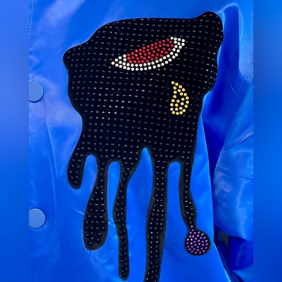 Roku Studio Rhinestones Tear Drop Varsity Jacket Coat Shiny Royal Blue Unisex - Picture 5 of 9